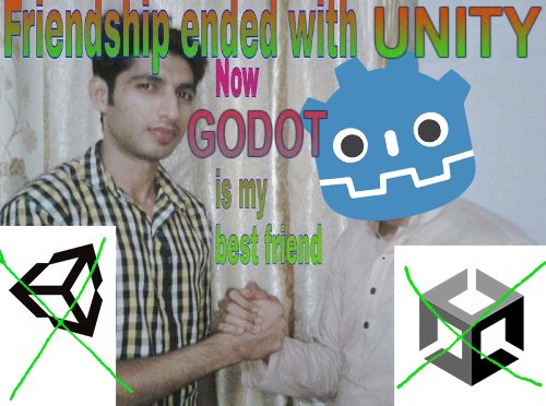 An edit of the viral "Friendship ended with Mudasir" meme, where two young Pakistani meme grip their hands in friendship, with MS WordArt style captions. The text has been edited to read "Friendship ended with Unity, now Godot is my best friend."