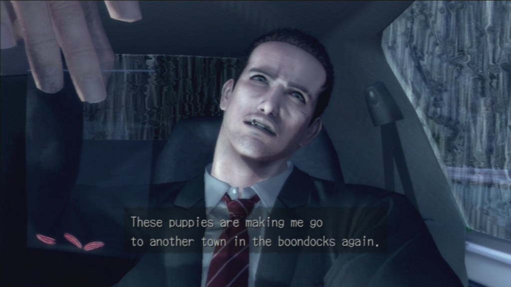 A screenshot from 2010's "Deadly Premonition". Special Agent Francis York Morgan is in his car, driving in the rain, holding a bag of evidence. The narration reads "These puppies are making me go to another town in the boondocks again."