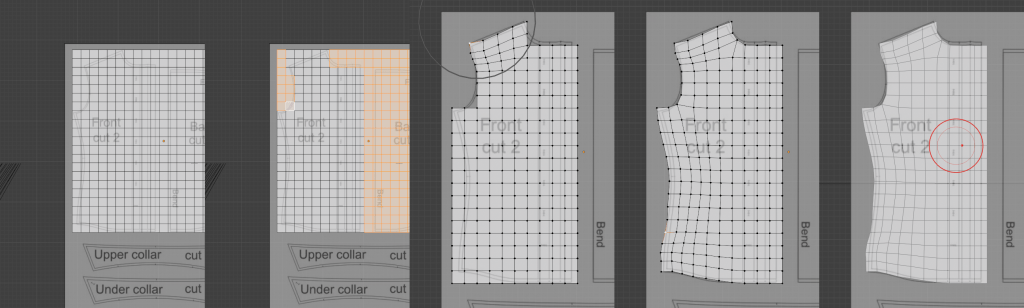 A preview of the various steps in creating a pattern for a 3D cloth simulation, starting with a subdivided plane on the far left to a shaped section on the right