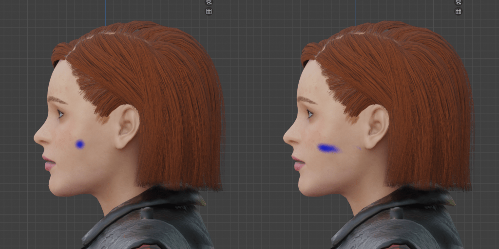 An example of how brush projections can be weird in Blender, showing a head on texture paint on the left and a skewed, stretched texture paint on the right