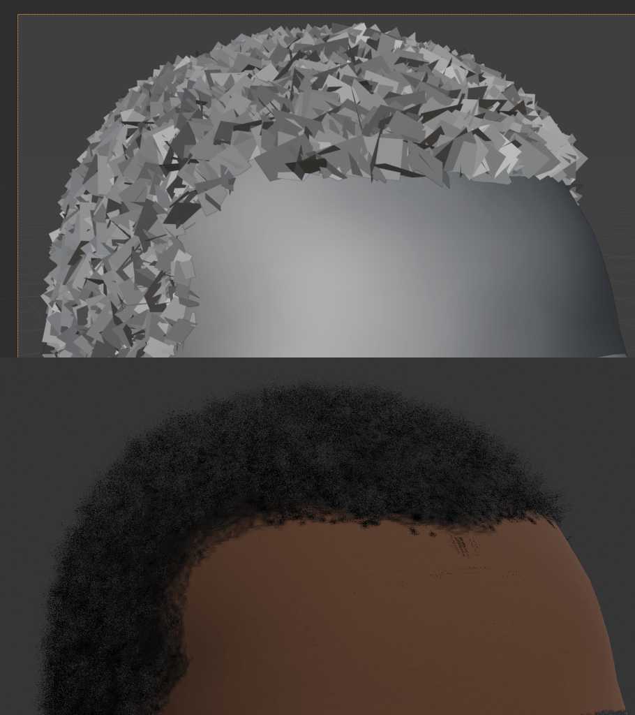 A comparison between a rough 3D model of short type 4 style hair; the top is untextured, showing the hair cards; the bottom shows it with hair texture applied