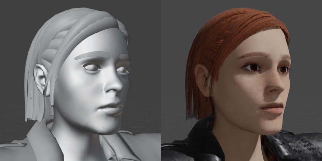 A comparison between an untextured model of a young woman with shoulder length hair and the textured version, showing how the hair is made up of large hair cards