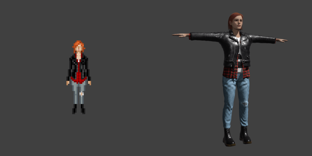 A comparison between a pixel art and 3D render of the same character, a young woman with red hair, a buffalo plaid shirt, blue jeans, and a leather motorcycle jacket