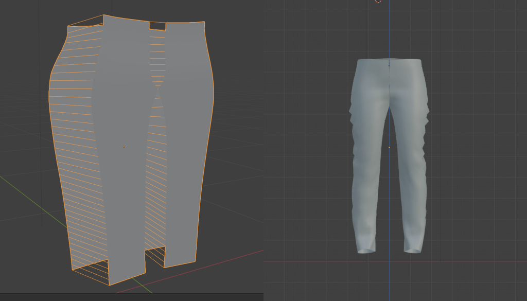 A before and after of a cloth simulation in Blender, showing the pre-simulation separated parts on the left and the post-simulation rough draft garment on the right