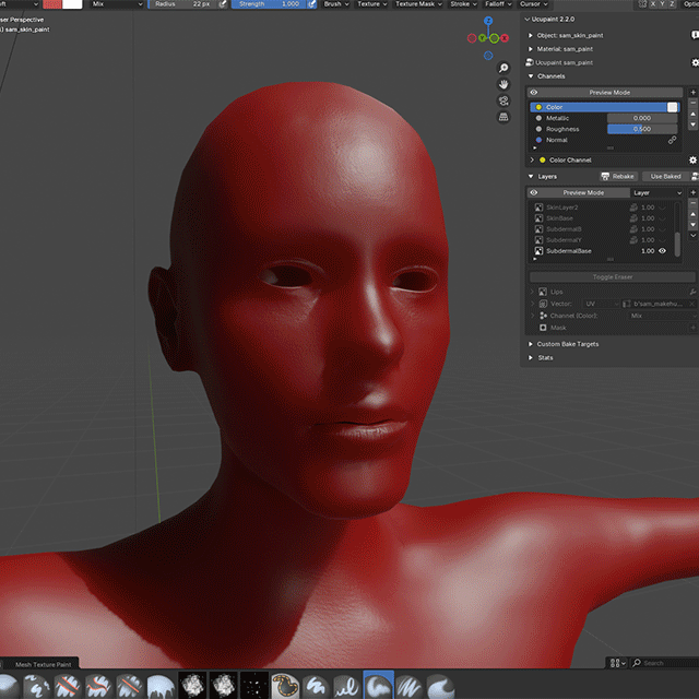 An animated GIF showing the various paint layers that go into making up a skin texture